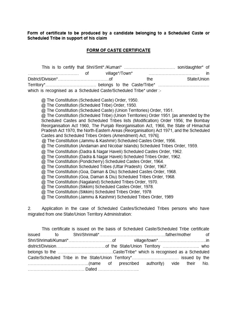 SC-ST Caste Certificate | PDF | Government | Government Of India