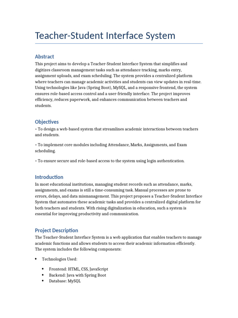 Teacher Student Interface System Report | PDF