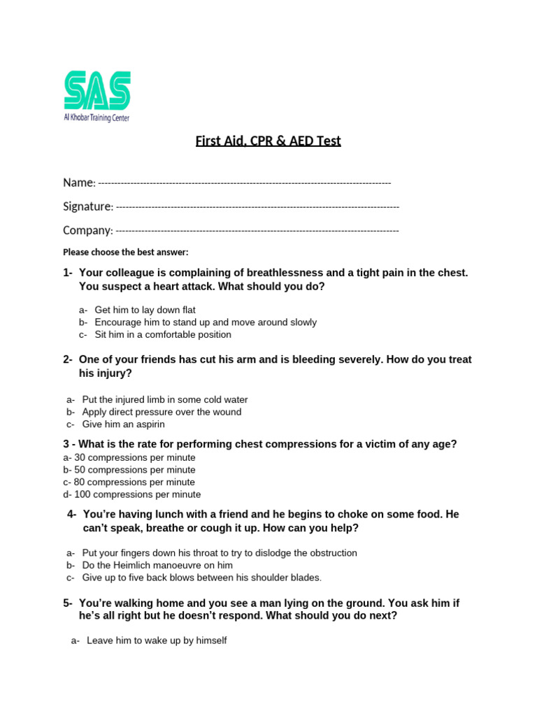 First Aid Quiz | PDF | Cardiopulmonary Resuscitation | Medical Specialties