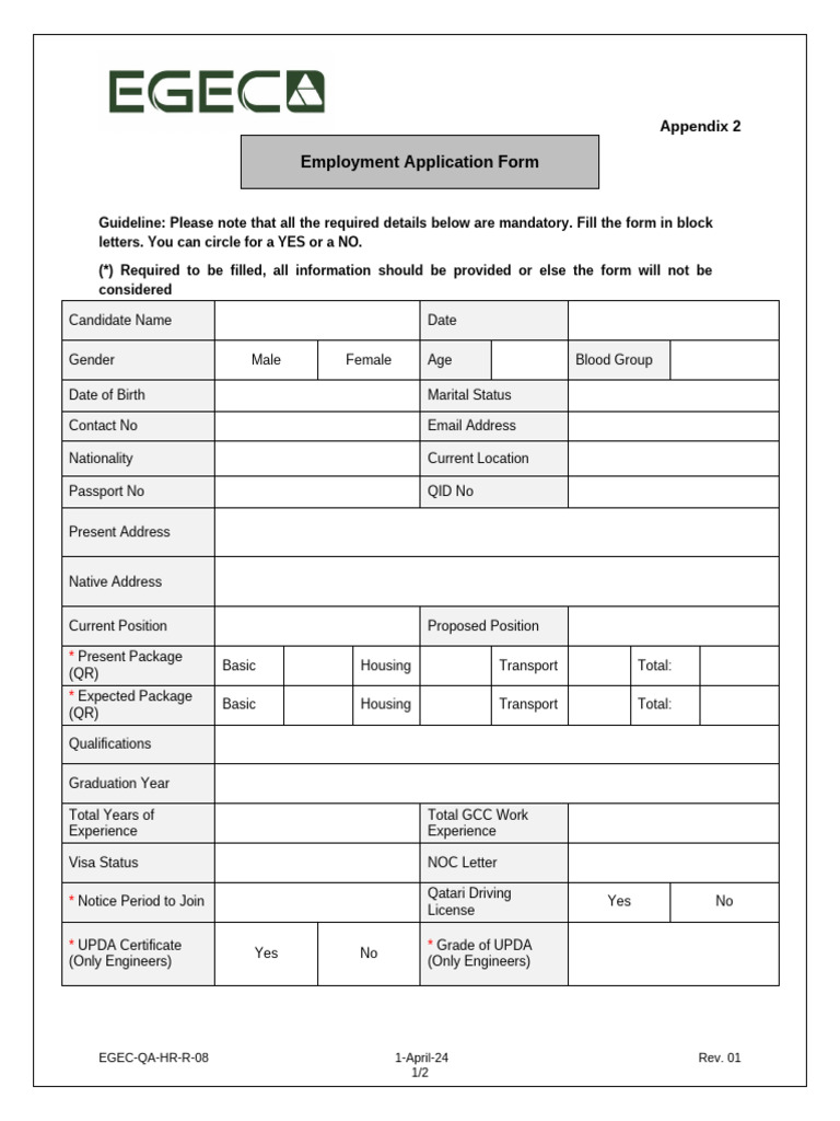 EGEC QA HR R 08 Employment Application Form | PDF | Government And ...