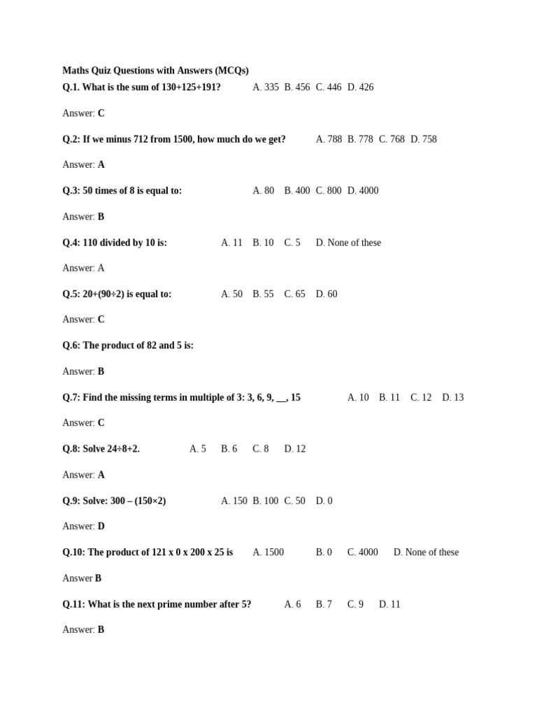 Maths Quiz Questions With Answers | PDF | Triangle | Mathematical Concepts