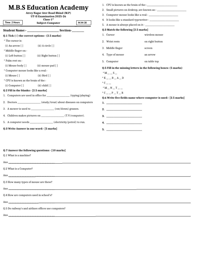 Ut-II Class 1st Computer | PDF | Office Equipment | Computing
