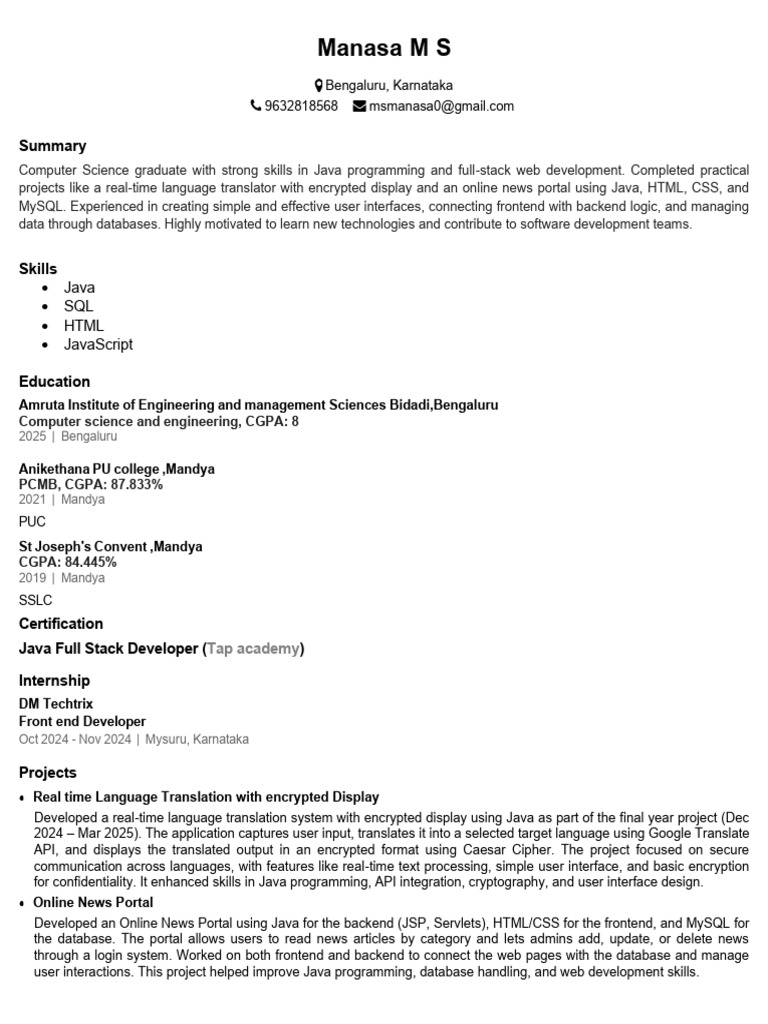 Manasa MS CV | PDF