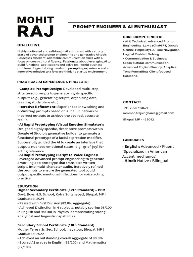Mohit Raj Prompt Engineer Resume | PDF | Artificial Intelligence ...