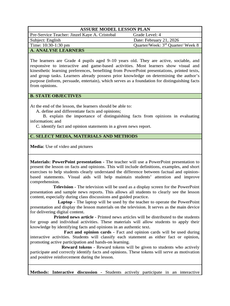 Assure Model Lesson Plan | PDF | Learning | Teachers