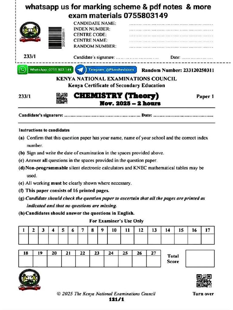 2025 KCSE Chemistry paper 1 With marking scheme | PDF | Molecules | Iodine