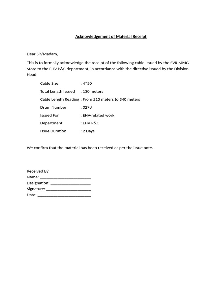 Acknowledgement of Material Receipt | PDF