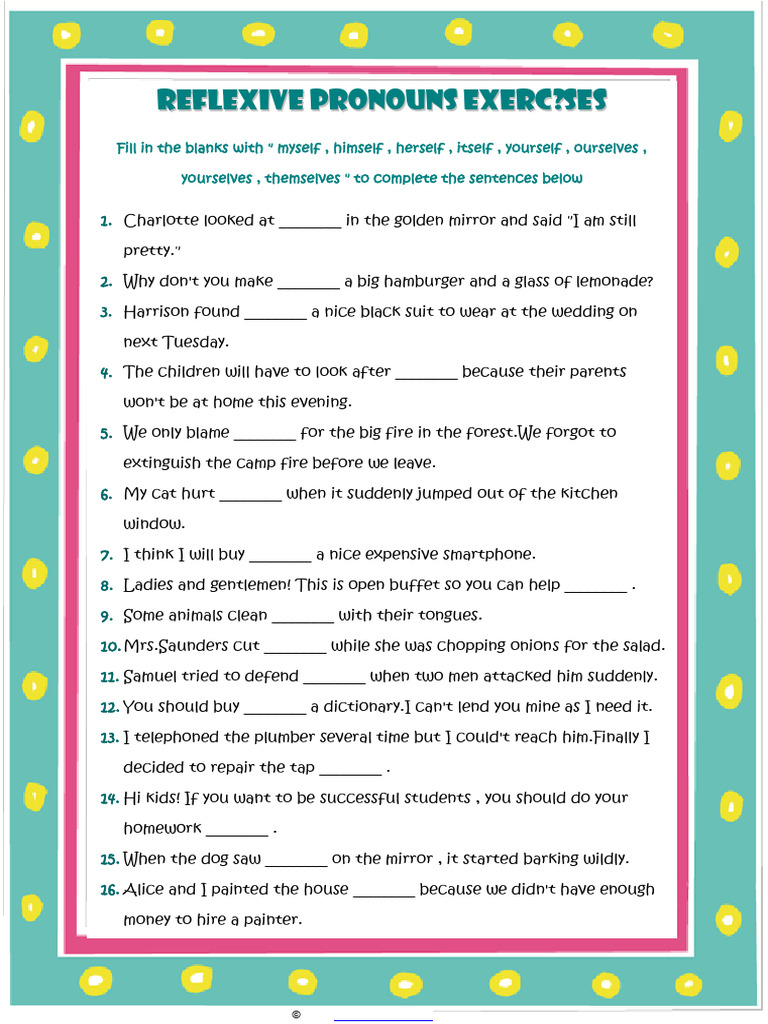 Reflexive Pronouns Exercises Esl Grammar Worksheet | PDF | Chess ...