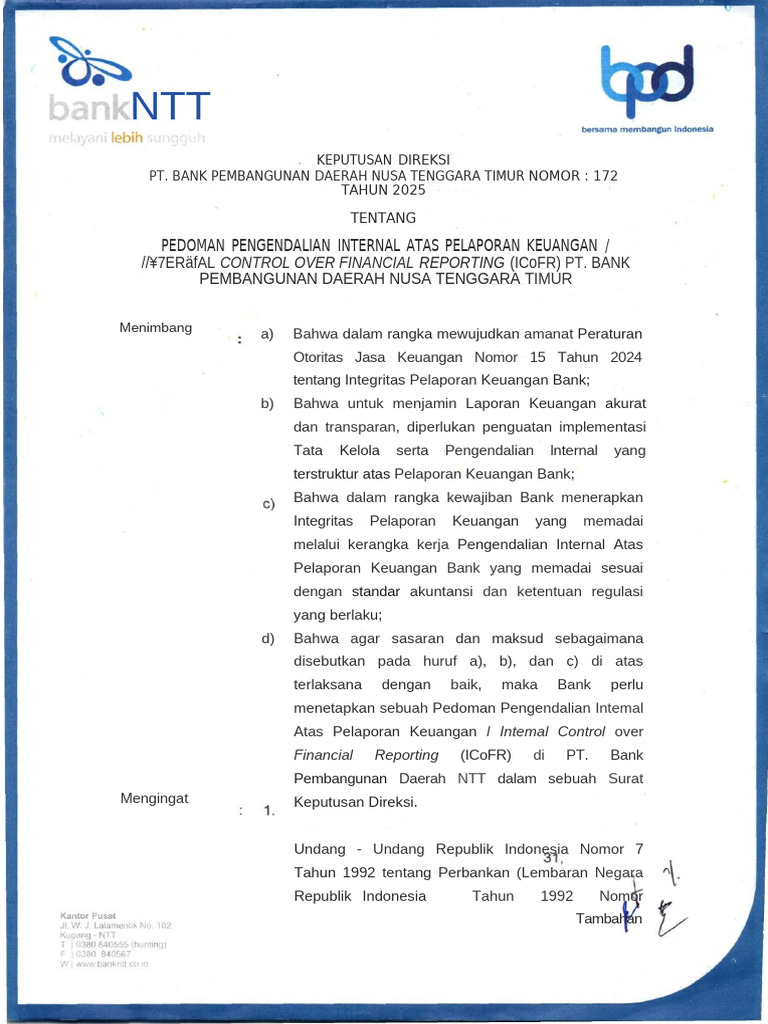 Sk Direksi No 172 Tahun 2025 Tentang Pedoman Pengendalian Internal Atas ...