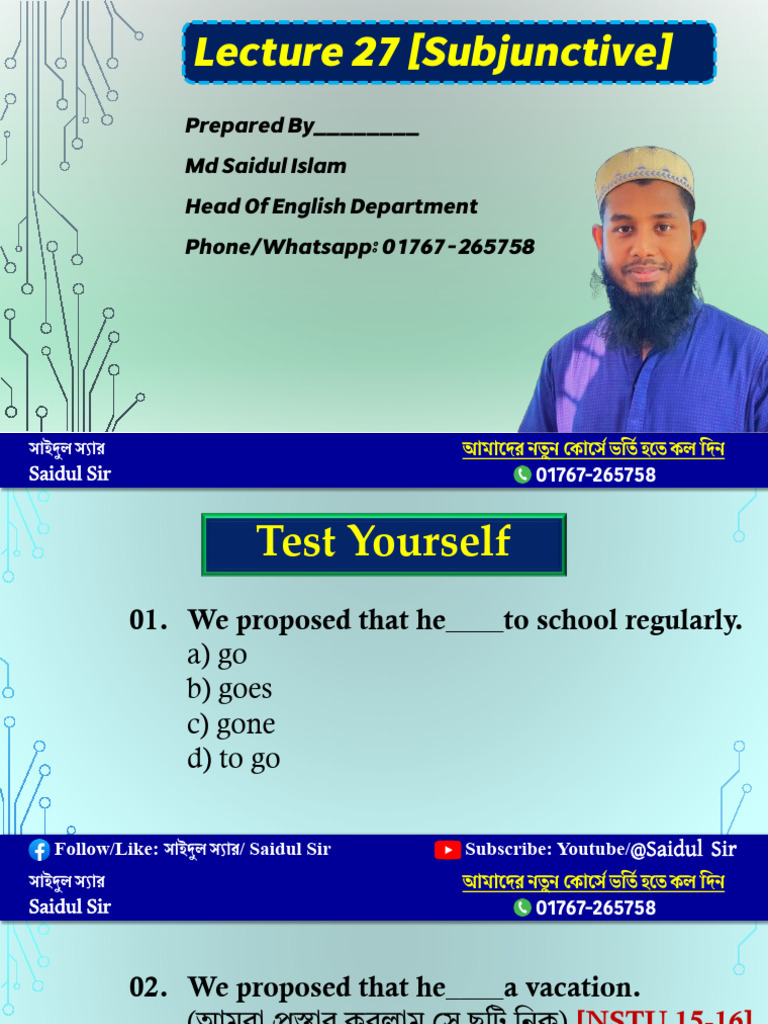 Lecture 27 [Subjunctive ] Prepared by Saidul Sir | PDF
