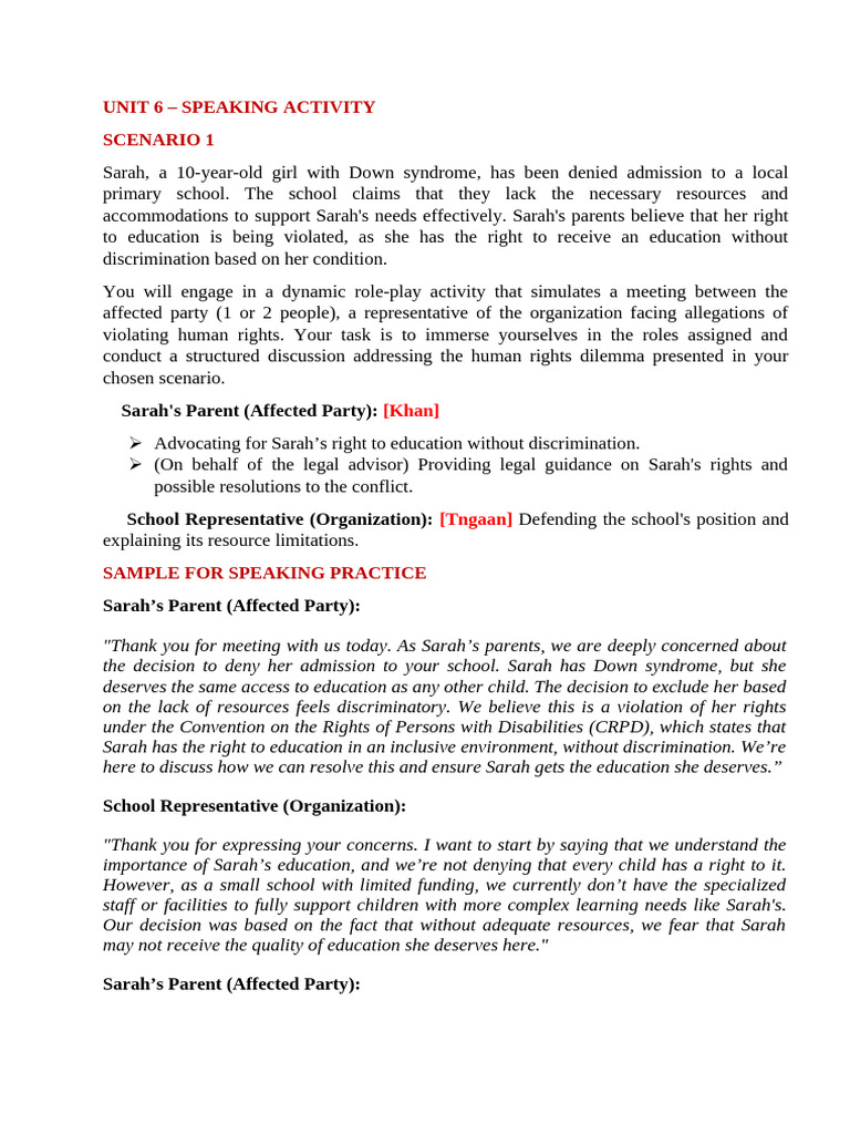 Unit 6 - Sample for Speaking Practice - Scenario 1 | PDF