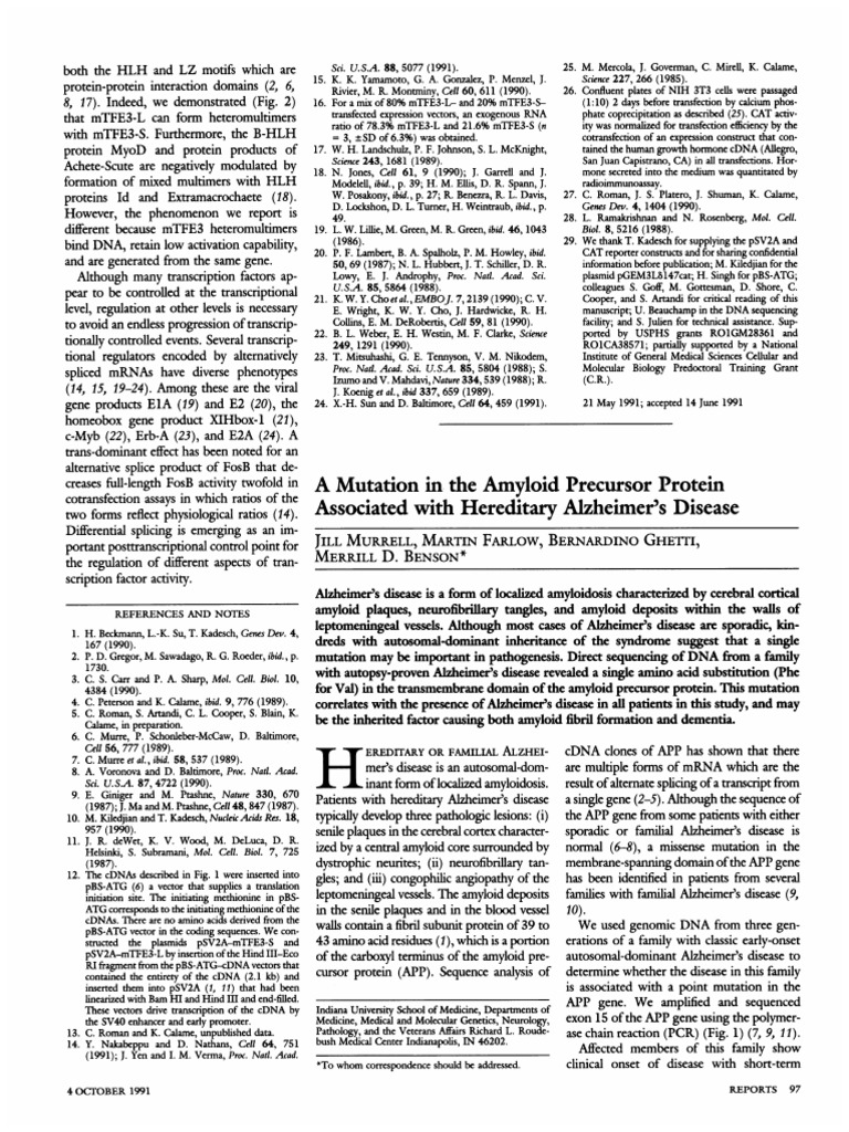 (1991) a Mutation in the Amyloid Precursor Protein Associated With ...