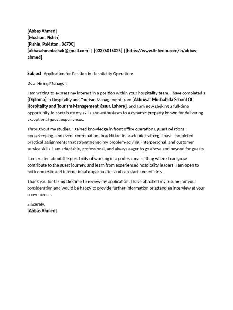 Abbas Ahmed Cover Letter ( Hospitlity Job) | PDF