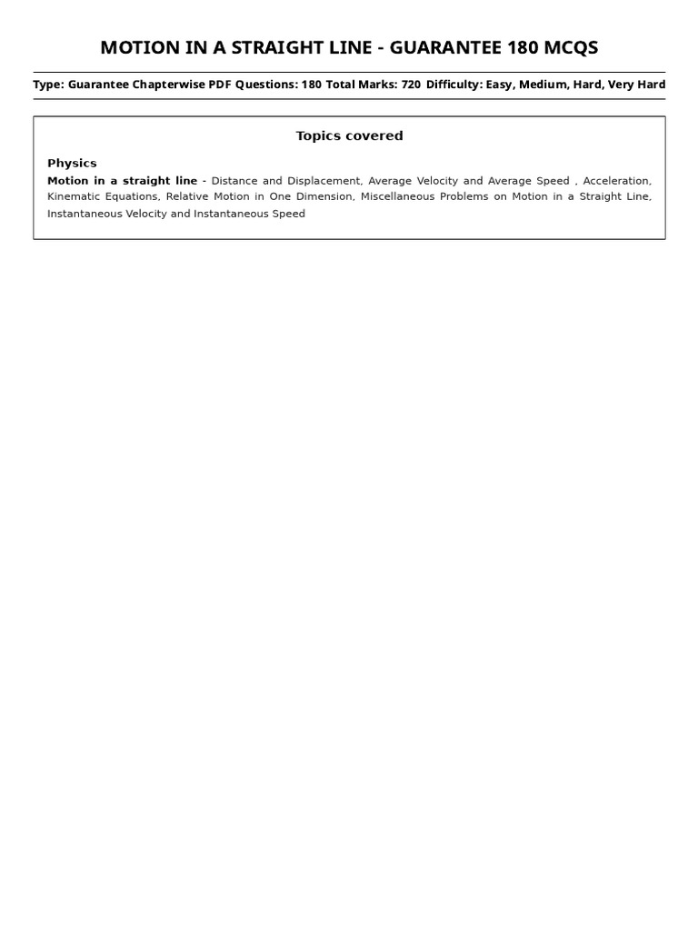 Motion in a Straight Line Guarantee 180 MCQs Question Paper | PDF ...