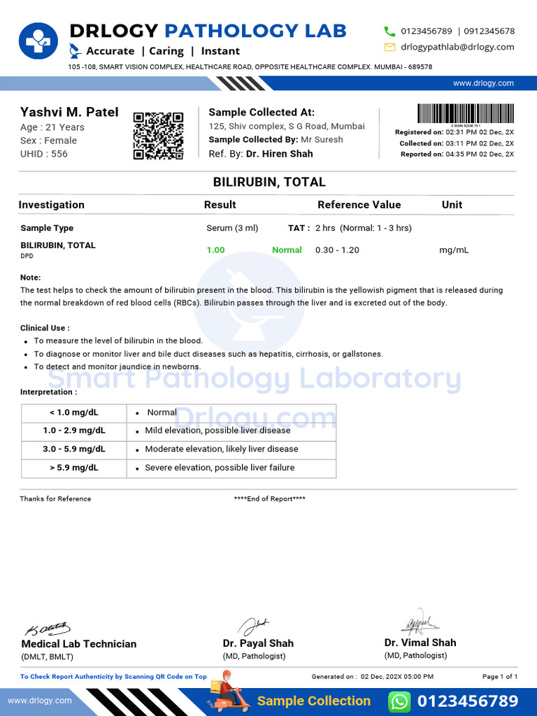 Bilirubin Test Normal Report Format Example Sample Template Drlogy Lab ...