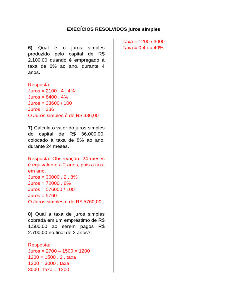 Exercicios Resolvidos Juros Simples | PDF