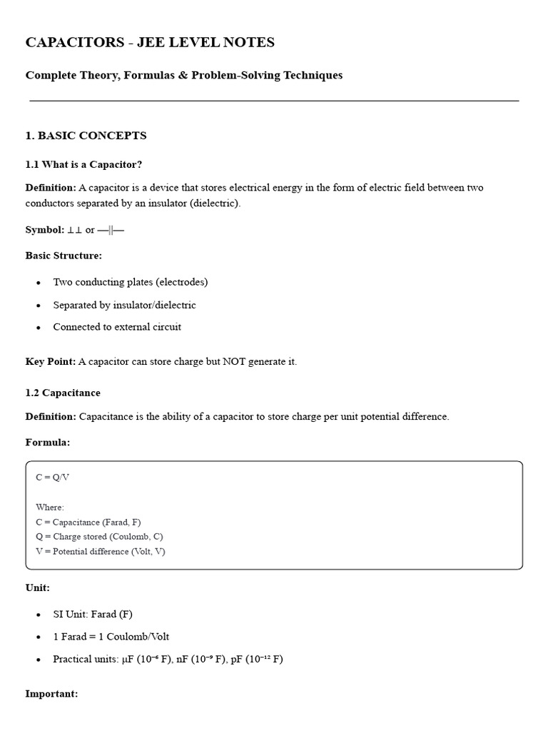 Capacitors JEE Notes.md | PDF | Capacitor | Capacitance
