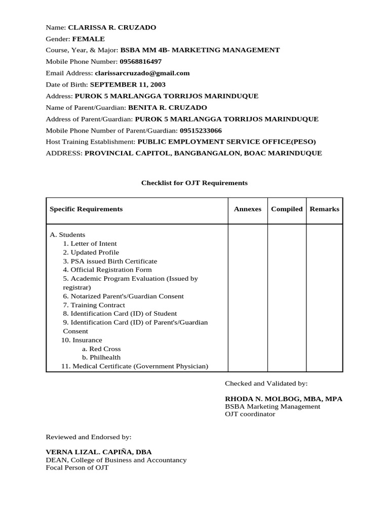 Checklist for OJT Requirements CRC | PDF