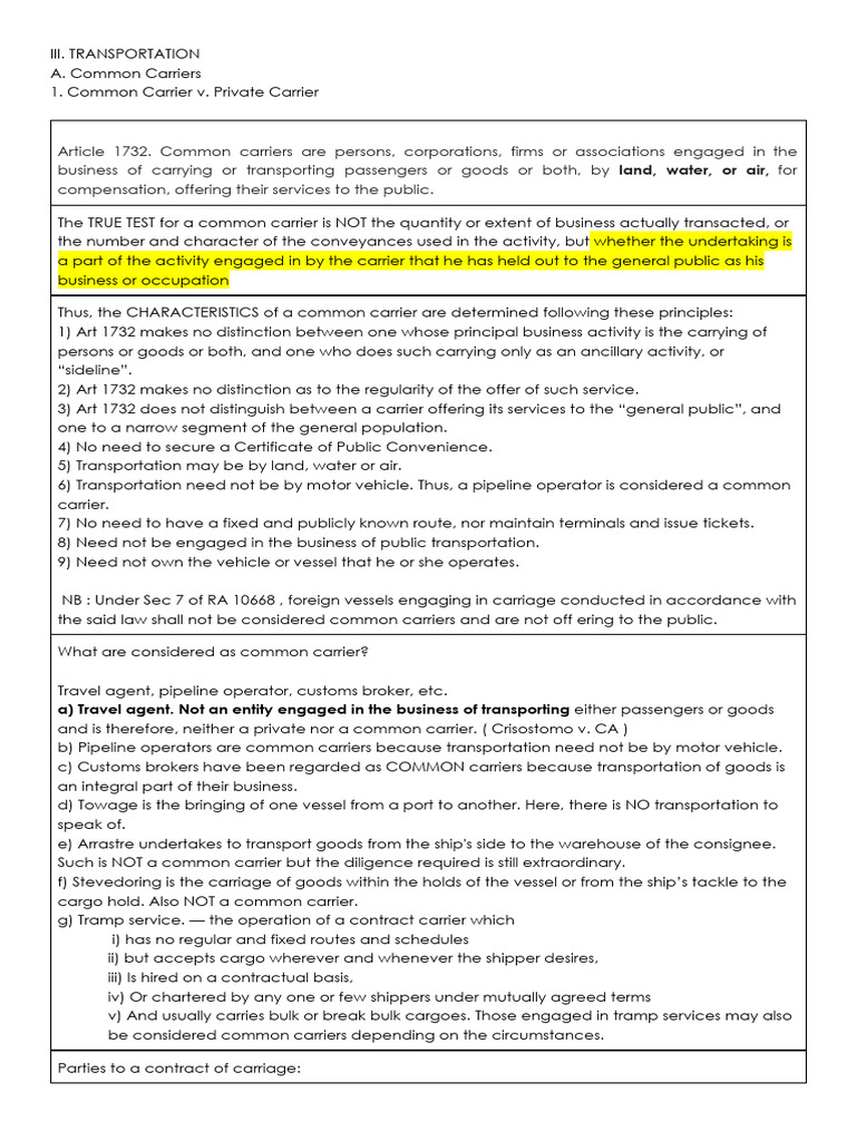 Transportation Law Notes | PDF | Damages | Negligence