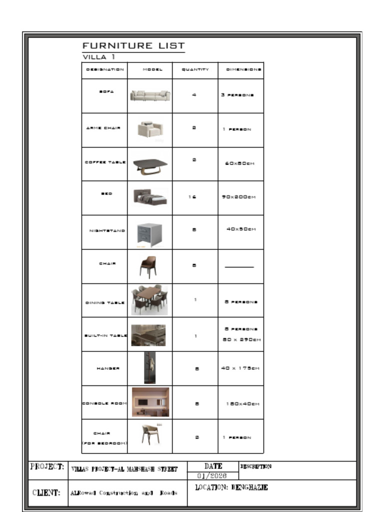 Villa's Furniture List's | PDF | Bedroom | Chair