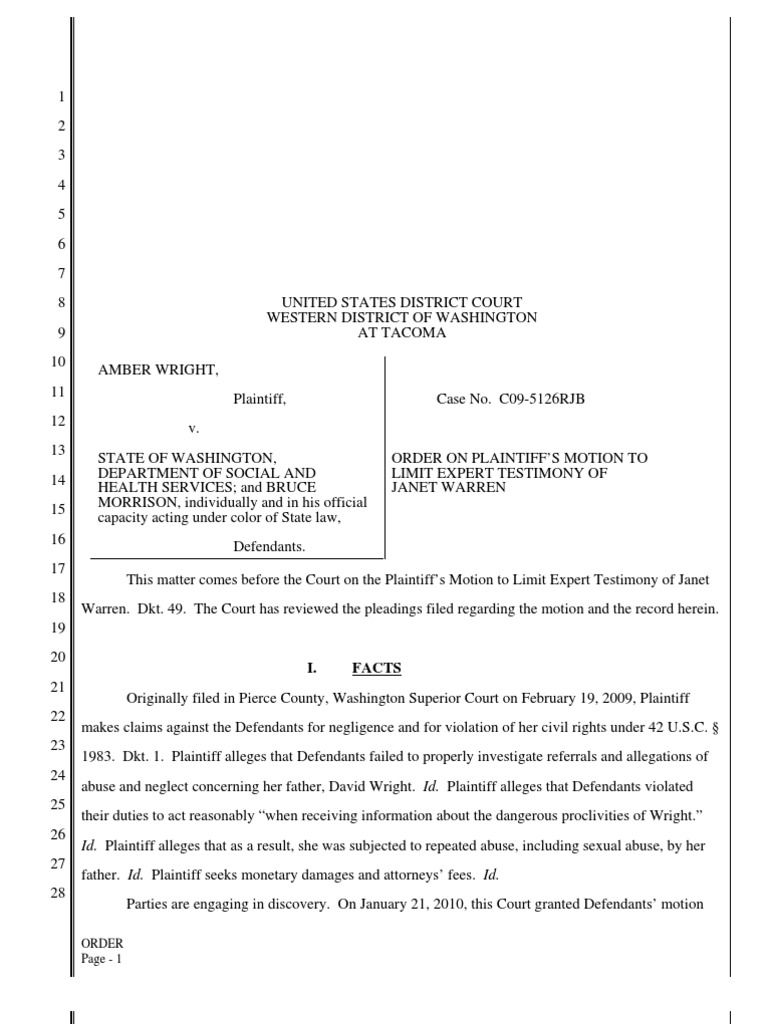 Amber Wright V Washington DSHS, Order On Plaintiff's Motion To Exclude ...
