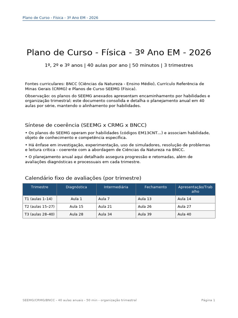Plano Curso Fisica 3ano EM 2026 40aulas | PDF | Eletricidade ...
