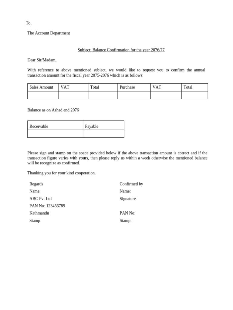 Balance Confirmation | PDF