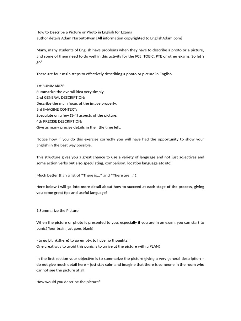 How to Describe a Picture or Photo in English for Exams | PDF | English ...