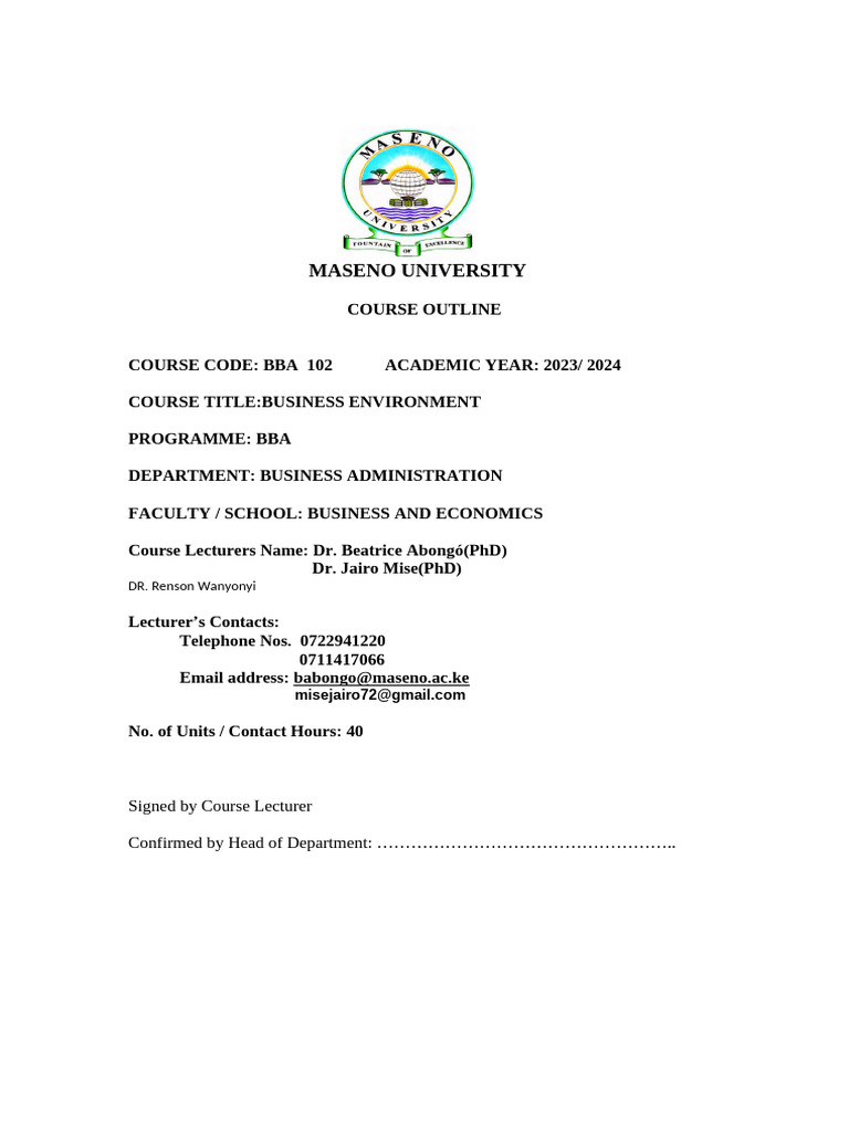 BBA 102 OUTLINE course outline Dr. Renson | PDF | Corporate Social ...