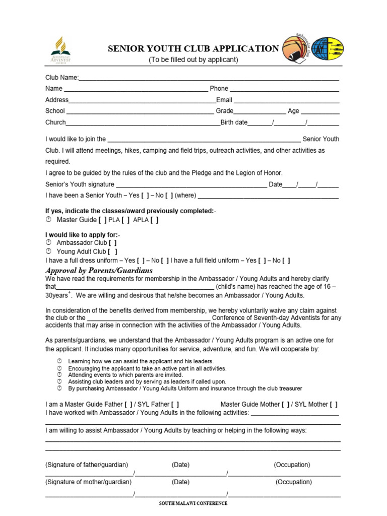 Senior Youth Club Application Form | PDF