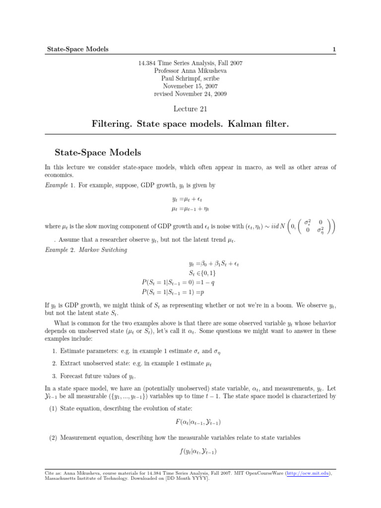 Filtering. State space models. Kalman filter | PDF | Kalman Filter ...