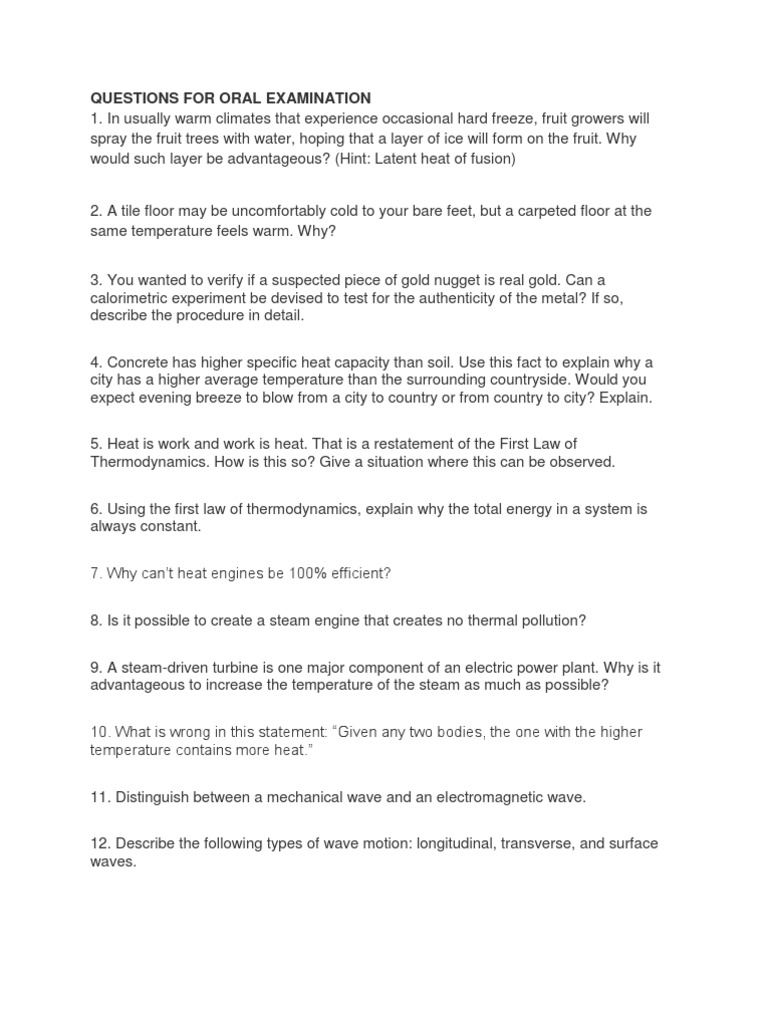 Questions for Oral Examination for p6 Waves Heat