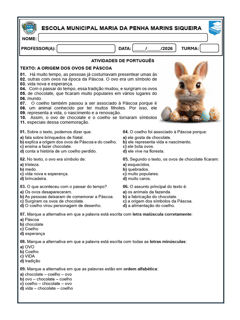 3º Ano A Origem Dos Ovos de Páscoa Texto e Interpretação Classificação ...