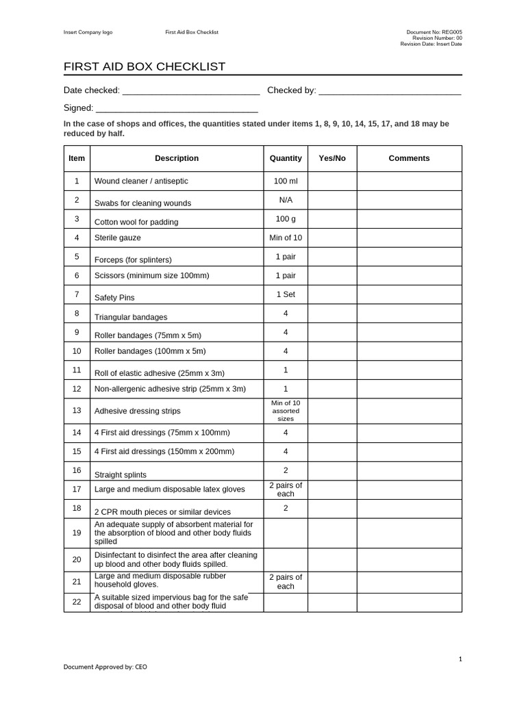 REG005 First Aid Box Checklist | PDF