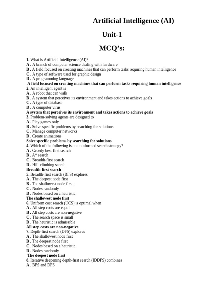Artificial Intelligence UNIT 1&2 QB | PDF | Theoretical Computer ...