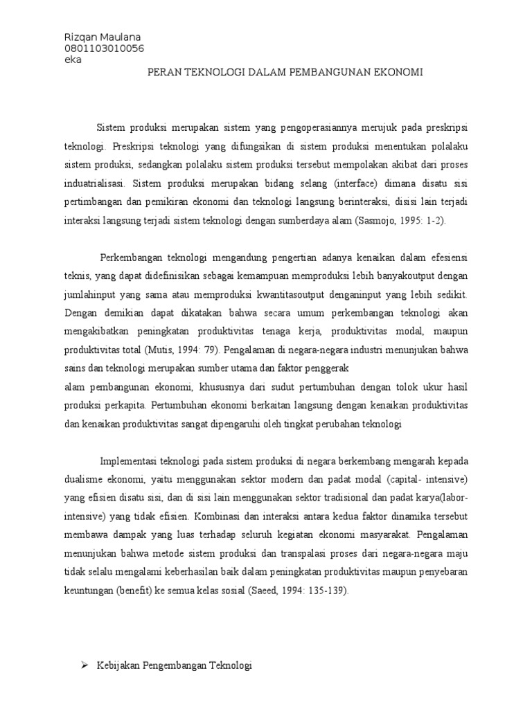 Peran Teknologi Dalam Pembangunan Ekonomi
