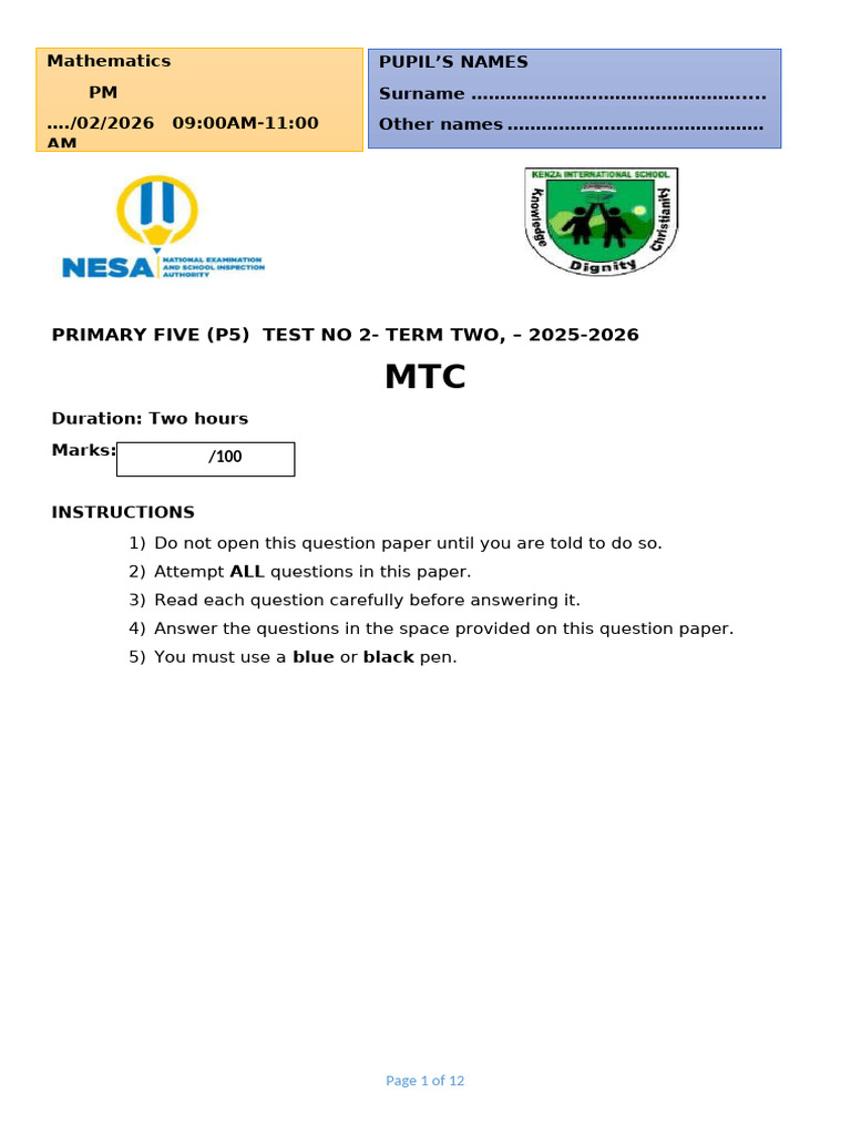 Mtc p5 Test No 2 Term Two 2025-2026 | PDF | Mathematics