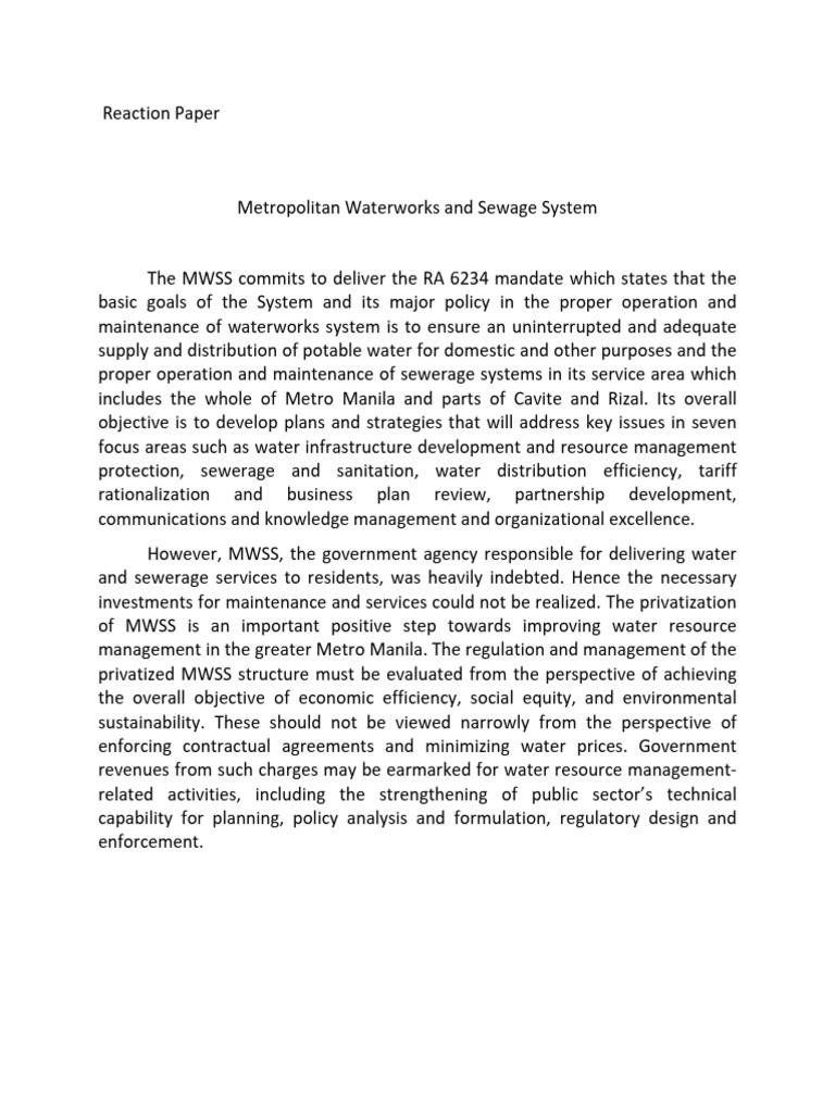 Metropolitan Waterworks and Sewage System (Reaction Paper) | PDF