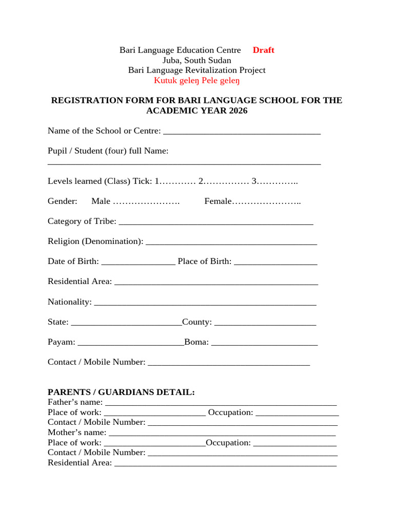 Registration Form Bari Language Education Centre | PDF