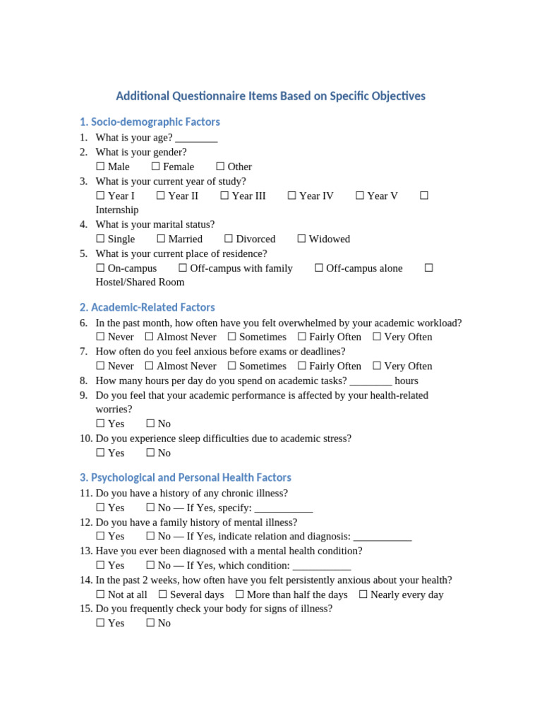 Extended Questionnaire Specific Objectives | PDF
