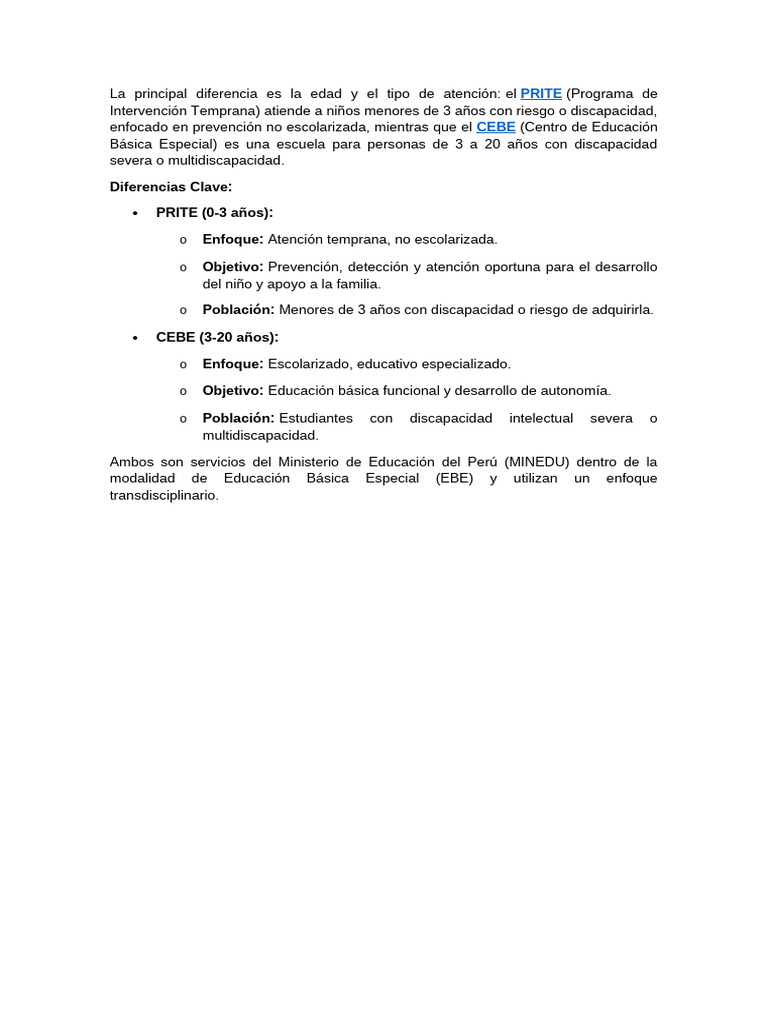 Diferencia Entre PRITE y CEBE | PDF