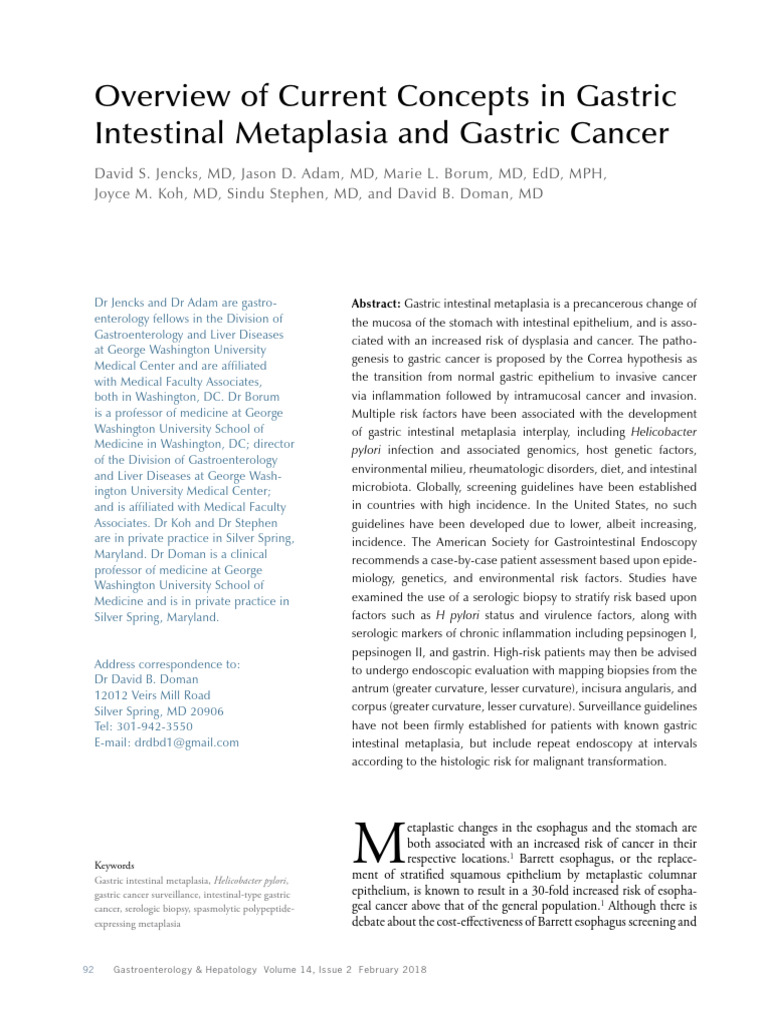 Overview of Current Concepts in Gastric Intestinal Metaplasia | PDF ...