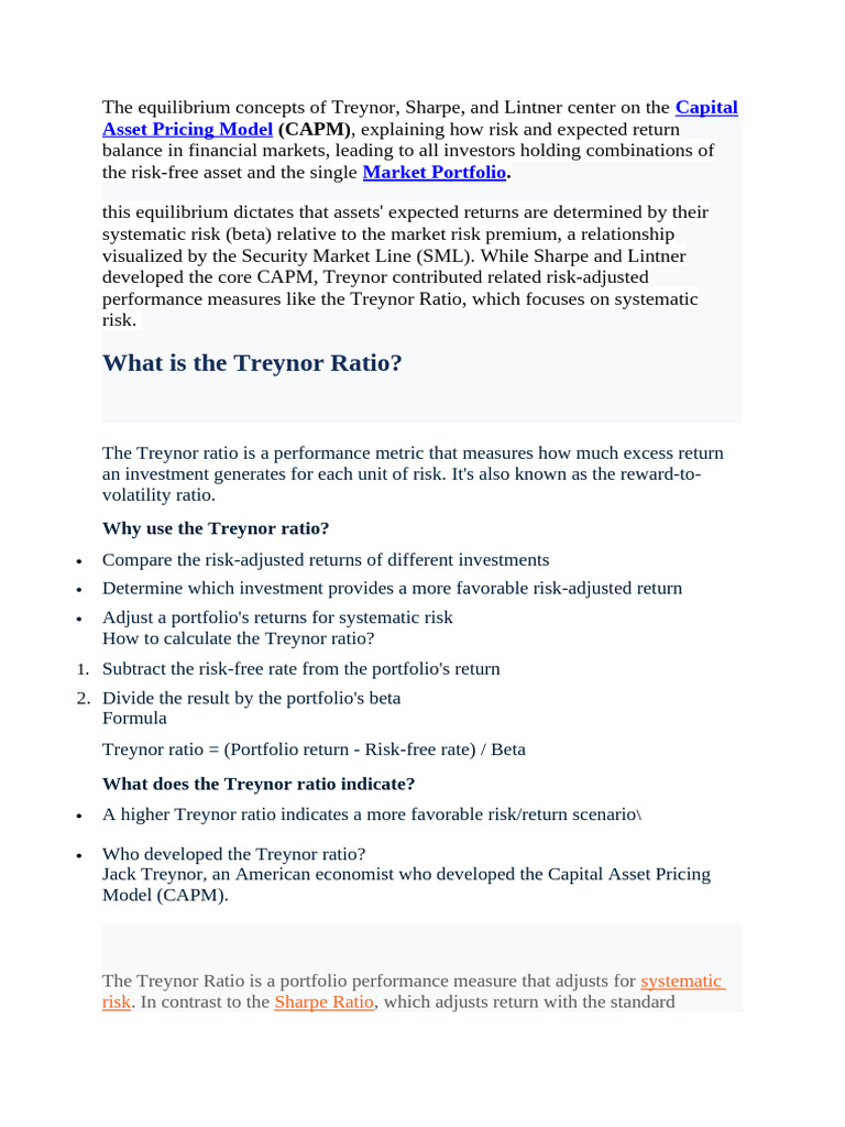 Treynor Sharpe Lintner Ratio (1) | PDF | Capital Asset Pricing Model ...