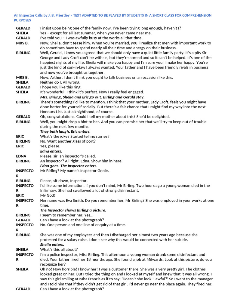 An Inspector Calls - Performance Abridged | PDF
