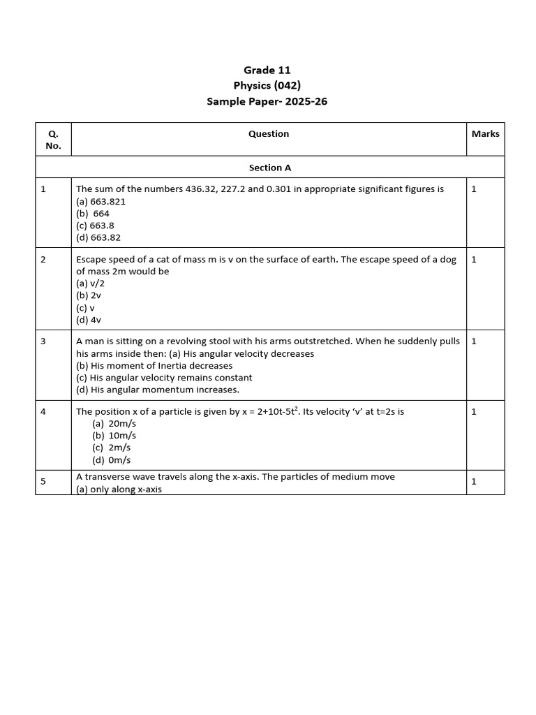 Sample Paper Grade 11 Term2 | PDF | Force | Waves