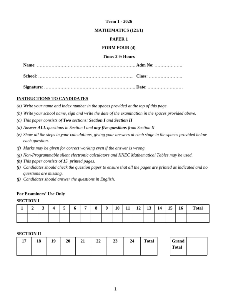 2026 Term 1 Mathematics Form 4 Paper 1 Question Paper | PDF