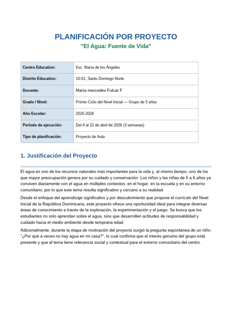 02 Planificacion Proyecto El Agua | PDF | Educación de la primera ...