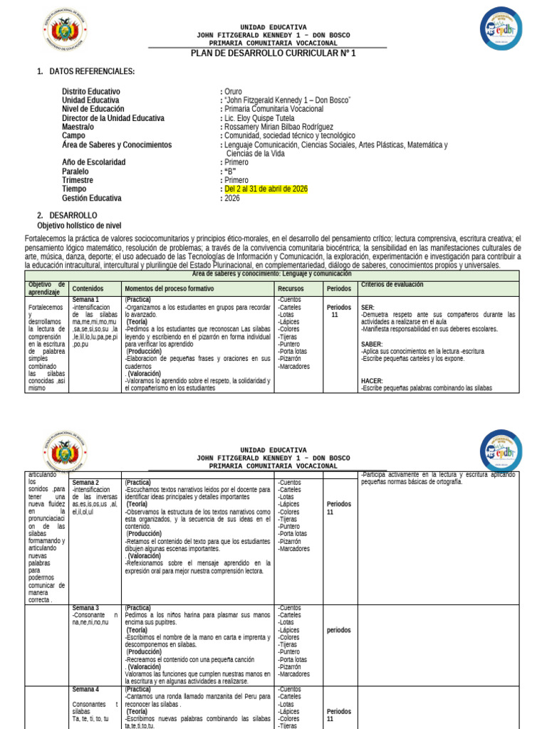 Abril - Plan de Desarrollo Curricular #1 | PDF | Aprendizaje | Evaluación