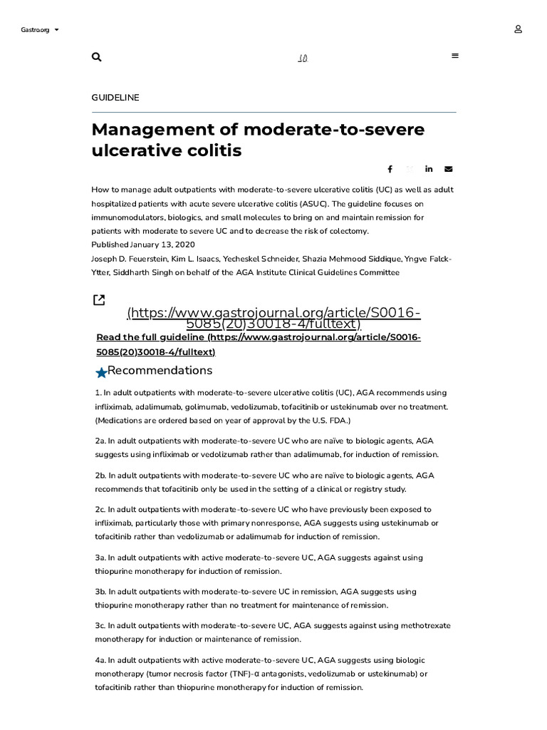 Management of Moderate-To-severe Ulcerative Colitis -AGA 2020 | PDF ...