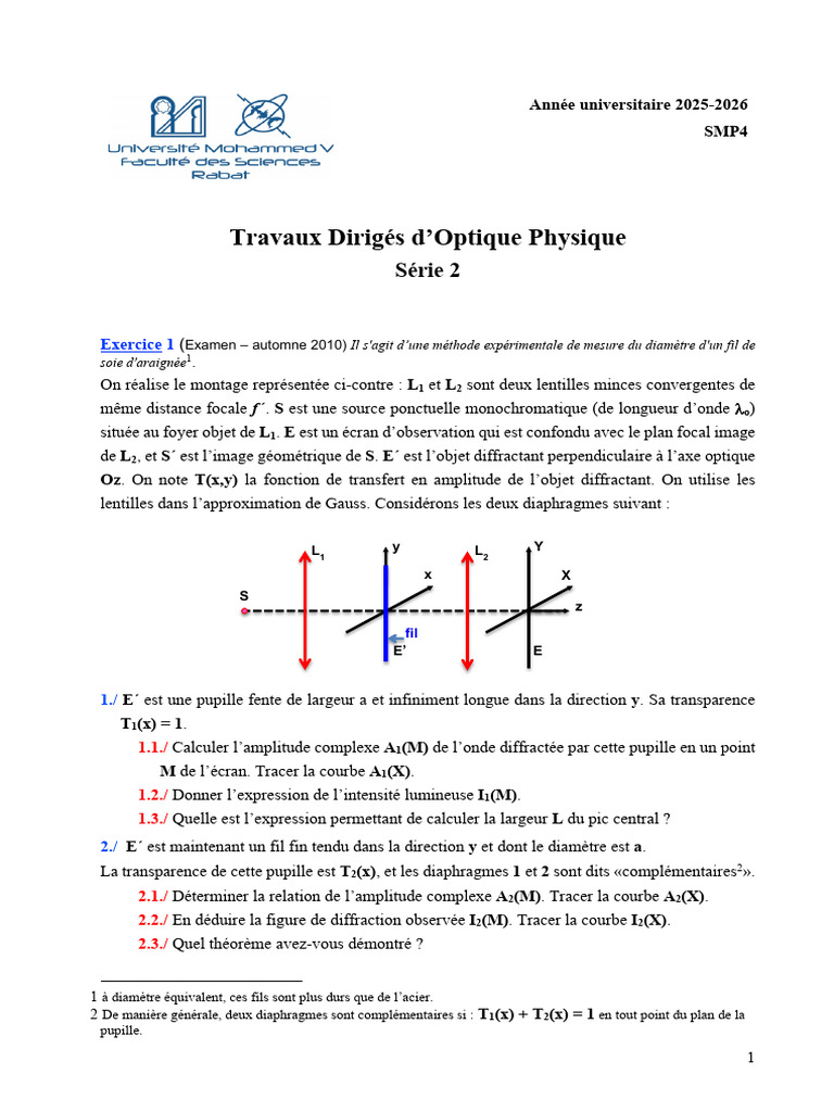 TD2-SMP4 2026 - Diffraction | PDF | Optique | Physique appliquée et ...